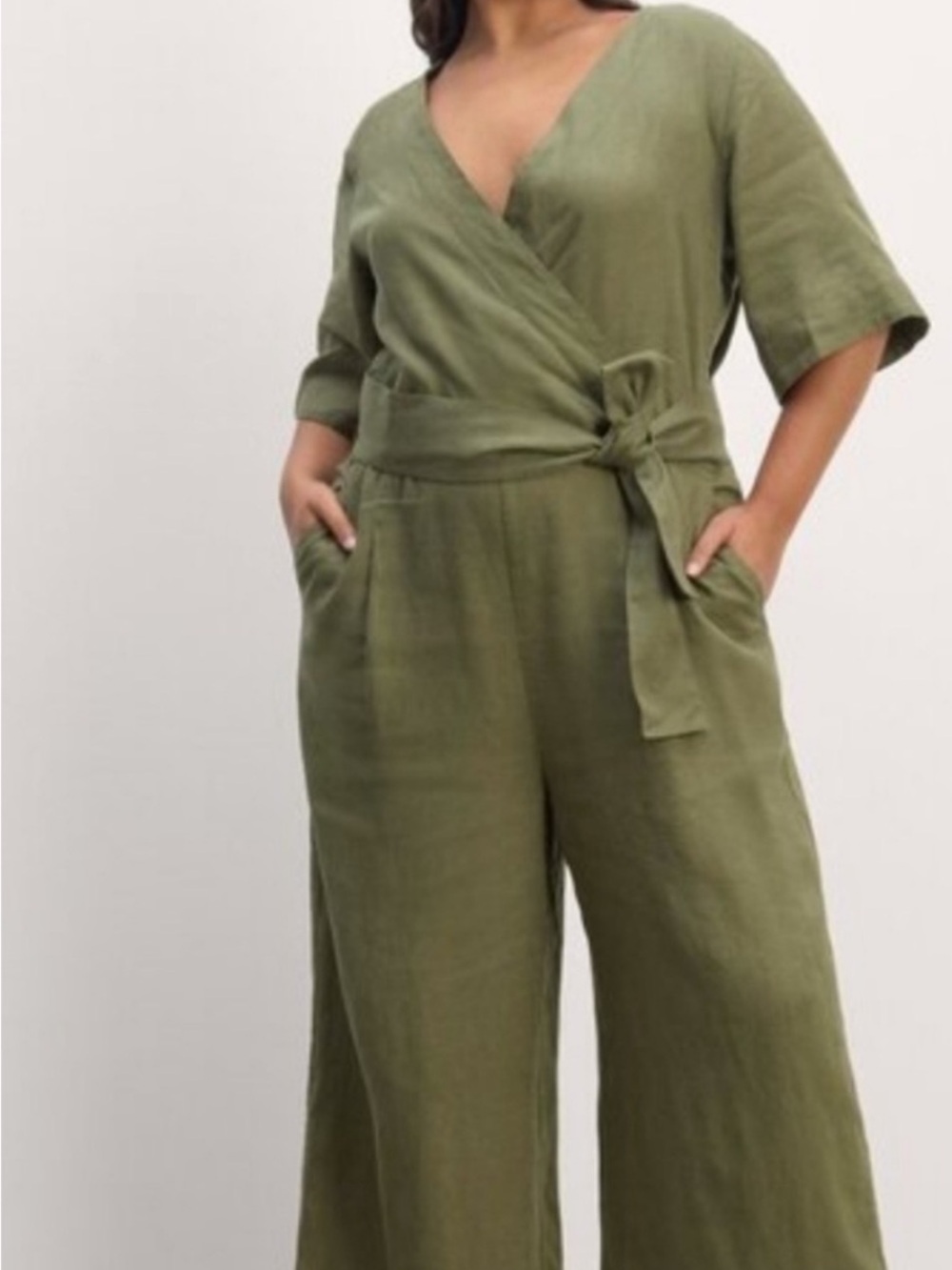 EVERLANE Linen Wrap Short-Sleeve Jumpsuit with Tie Waist in Kalamata - Size 14